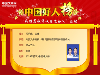 【校友动态】开云2005届音乐教育专业校友毛乐乐、王珊荣登2025年首次“中国好人榜”